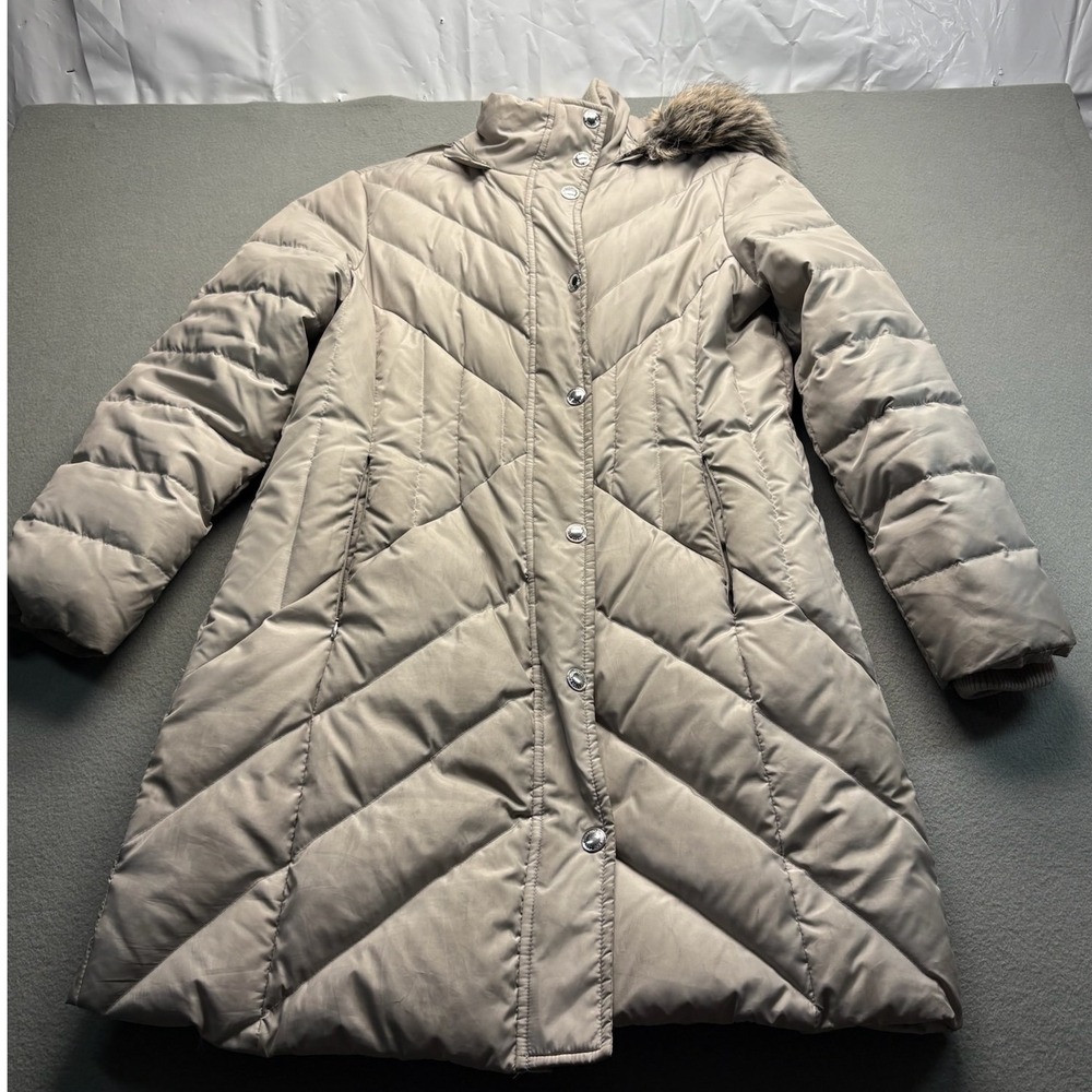 London‎ Fog Puffer Coat Women Petite Large Beige Down Fill Faux Fur Hood Chevron